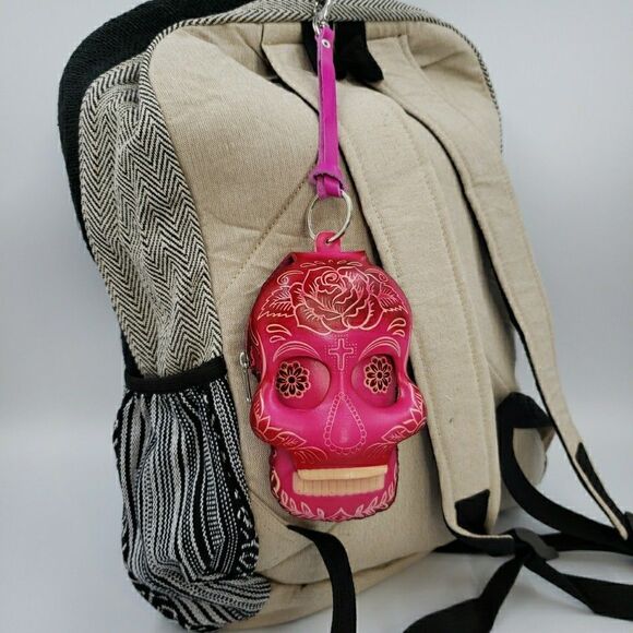 Sugar Skull Leather Wristlet Wallet Hot Pink Day of the Dead Coin Purse Keychain - Picture 1 of 15
